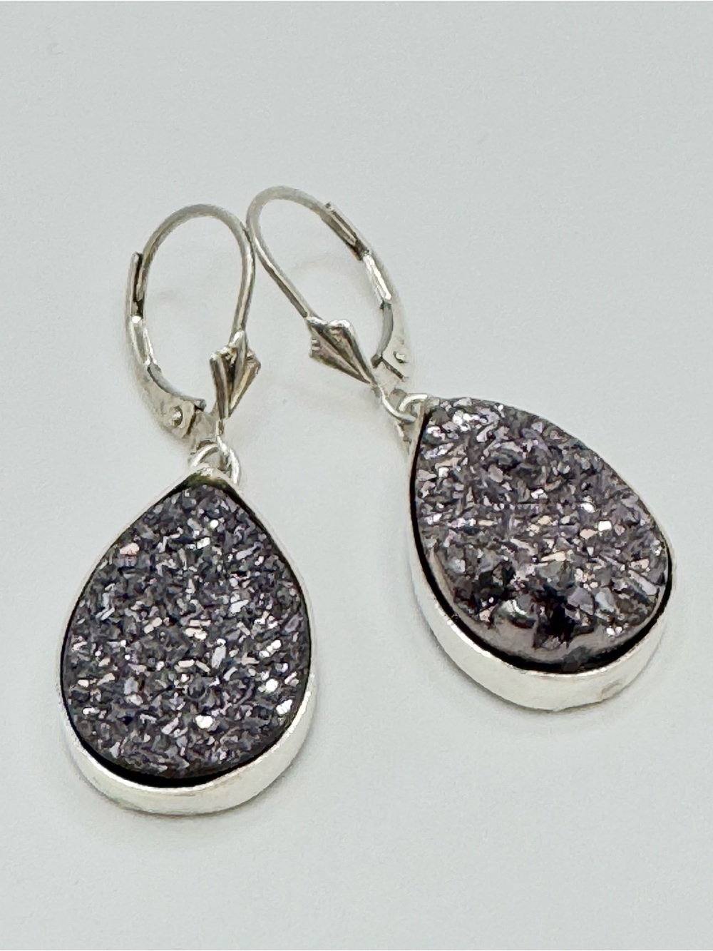 Sterling Silver Aura Druzy Lever-back Earrings for pierced ears.
